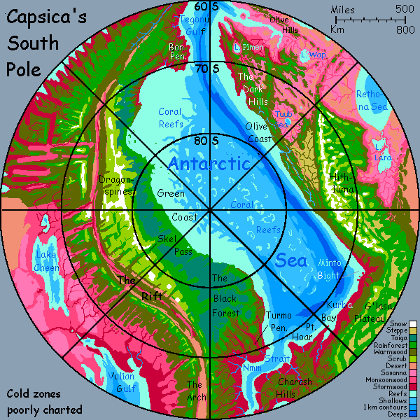 Map of south polar region on Capsica, a model of a hot world: average temperature 50 C or 122 F. Antarctic Sea, Hithluma Plateau, Dragonspine Mts.