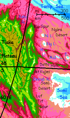 Map of eastern Tiak Plateau, southwestern Crunch, on Capsica, a small world hotter and drier than Earth.