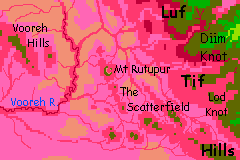 Map of the lower Vooreh River and the Scatterfield, south of Tiak Plateau, southwestern Crunch, on Capsica, a small world hotter and drier than Earth.