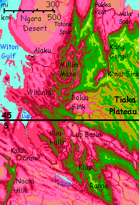 Map of western Tiak Plateau, southwestern Crunch, on Capsica, a small world hotter and drier than Earth.