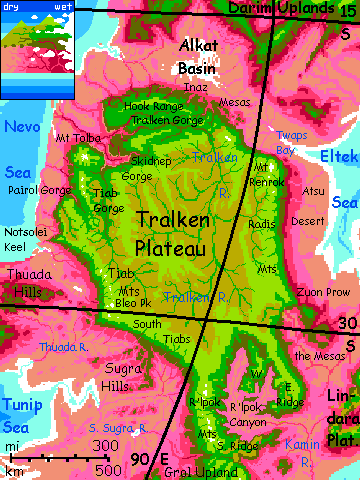 Map of Tralken Plateau in the central Crunch on Capsica, a model of a hot world.