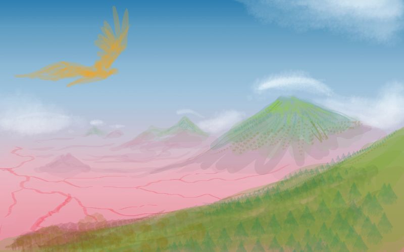 Sketch of cindercone-chain: the Yagrom Hills in central Crunch, on Capsica, a small world hotter and drier than Earth.
