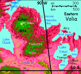 Map of northeast Volia, a lake-dotted subcontinent on Capsica, a small world hotter and drier than Earth.