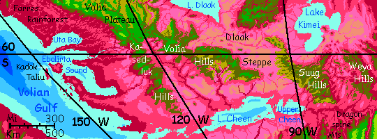 Map of southern Volia, a lake-dotted subcontinent on Capsica, a small world hotter and drier than Earth.