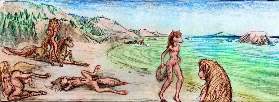 Our family reunion, on a beach in redwood country. We're a mixed bunch: horses, centaurs, humans, satyrs, and every imaginable blend.