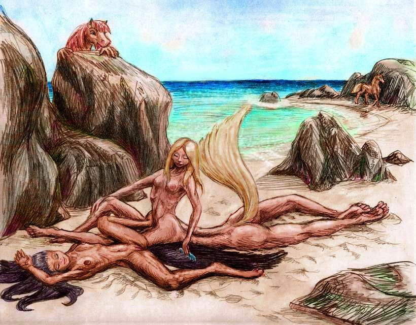 In a sunny cove, a blonde human-legged centaur, combs the tail of her stepsister, a biped brunette.