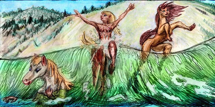 In the surf, looking landward, toward a high wooded ridge. Foreground: three centauroids frolic in a green wave.