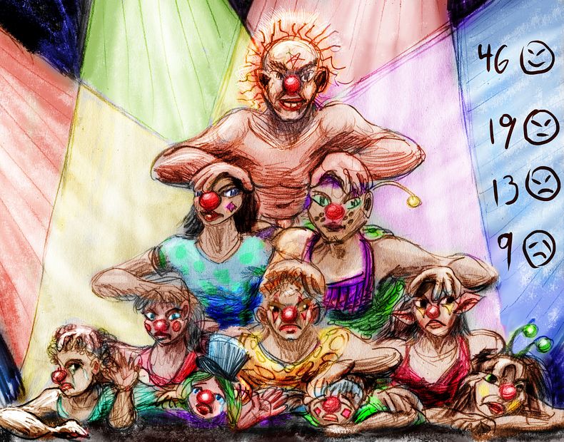 Pyramid of abusive clowns. Nightmare sketch by Wayan. Click to enlarge.