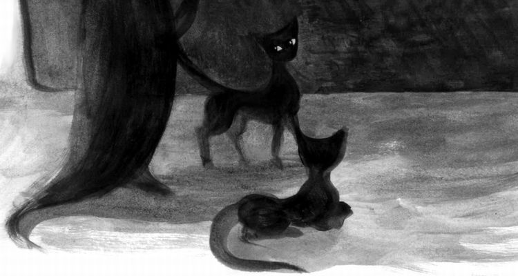 Black and white watercolor sketch of two black cats from a dream by Chris Wayan: 'Coco Chanel's Pussy.'