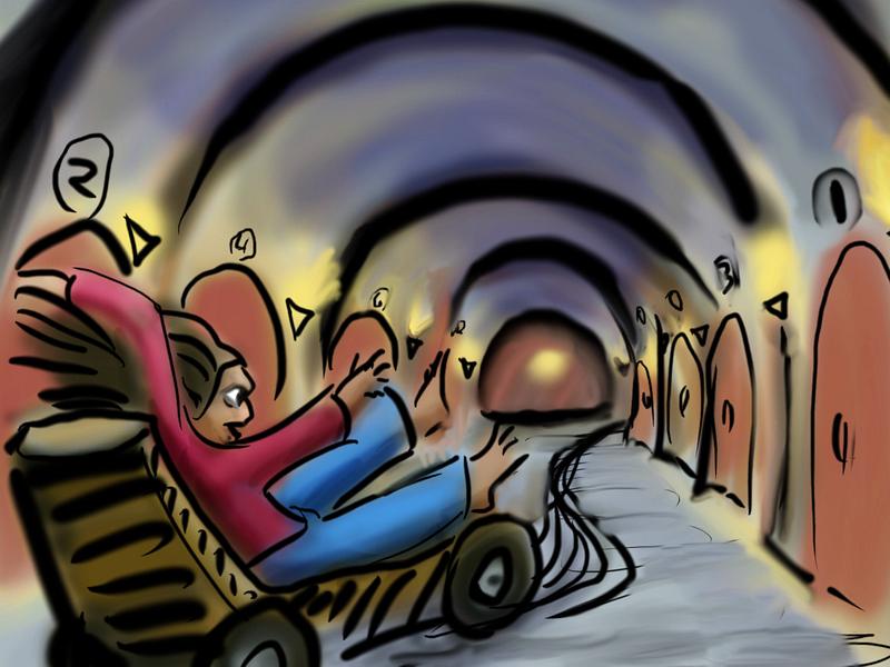 Ride a wheeled deck chair through a theater. Dream sketch by Wayan.