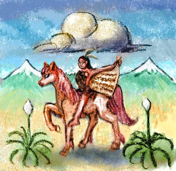 Native American rider spreading part of a Contract Cloak. Dream sketch by Wayan. Click to enlarge.