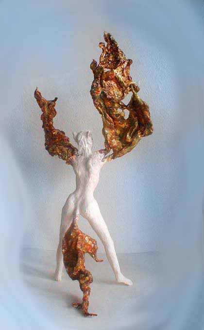Back view of coyote girl shapeshifting, as her arms stretch into smoky wings. Sculpture by Wayan. Click to enlarge
