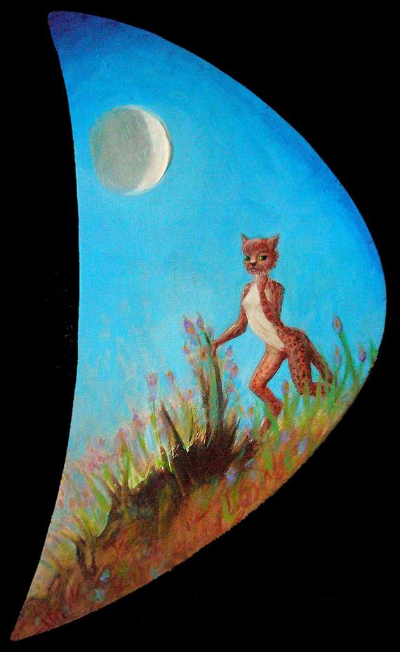 cliff, crescent moon, catperson; acrylic painting by Chris Wayan. Click to enlarge.