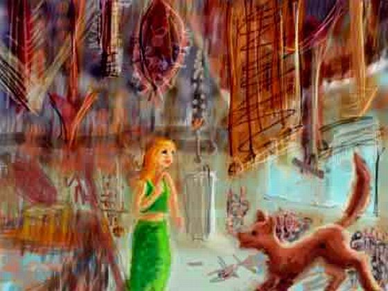 Girl in green gown in a lodge jammed with sharp rusty junk; playful wolf-dog enters. Dream sketch by Wayan