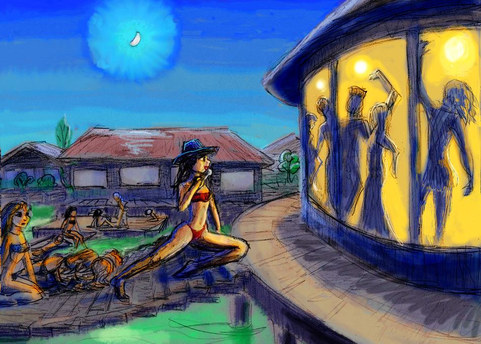 Night. A marina. High school girl reports on a college dance from outside. Dream sketch by Wayan. Click to enlarge.