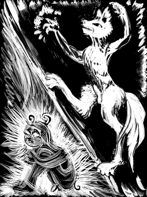 Wimpy Wakin' Wayan and his Hoppin' Datin' Demon, digital woodcut/scratchboard dream-sketch by Wayan. Click to enlarge.