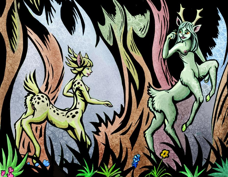 Two deertaurs in a wood. Dream sketch by Wayan. Click to enlarge.