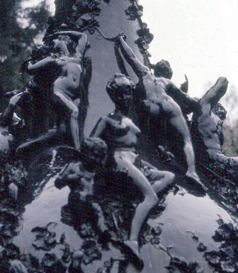 Giant bronze urn by Gustave Dore showing a drunken orgy; Golden Gate Park, San Francisco. Click to enlarge.