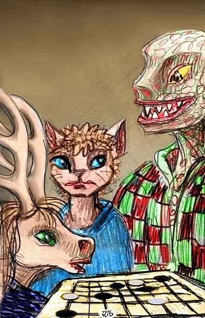 3 creatures playing Go: a deer-man, a blue-eyed cat and a small dinosaur. Few stones on the board--one's marked THE KID. Dream sketch by Wayan; click to enlarge.