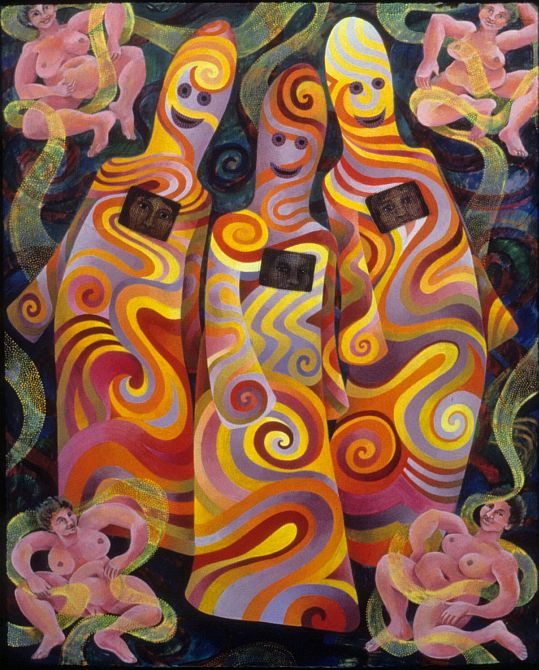 Acrylic painting, 'Dream of the Dancing Goddesses', by Jenny Badger Sultan. Click to enlarge