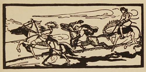 Tapestry of three riders; dream sketch by Judith Masefield