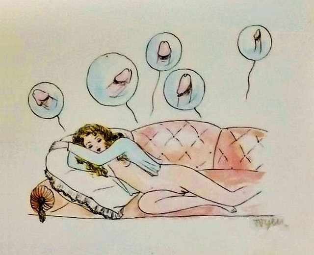 'Dreamer': girl on sofa dreams of a whole flock of erections flying by. Drawn 1930 by Toyen.