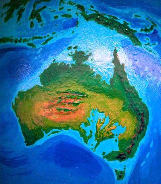 Orbital photo of Dubia, a possible future Earth. Australia's new inland seas, and New Guinea's lost lowlands.