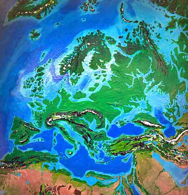 Orbital photo of Dubia, a possible future Earth. Flooding cuts off Asia, Africa, Iberia, and Scandinavia from Europe.