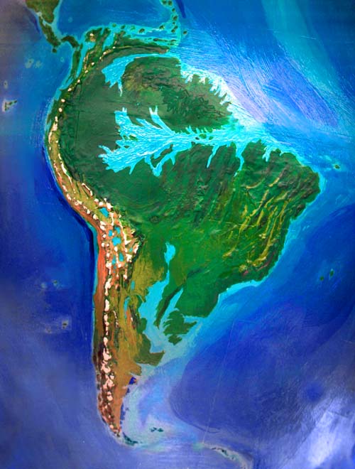 Orbital photo of Dubia, a possible future Earth. Three great gulfs cut up South America: Orinoco, Amazon and Parana.