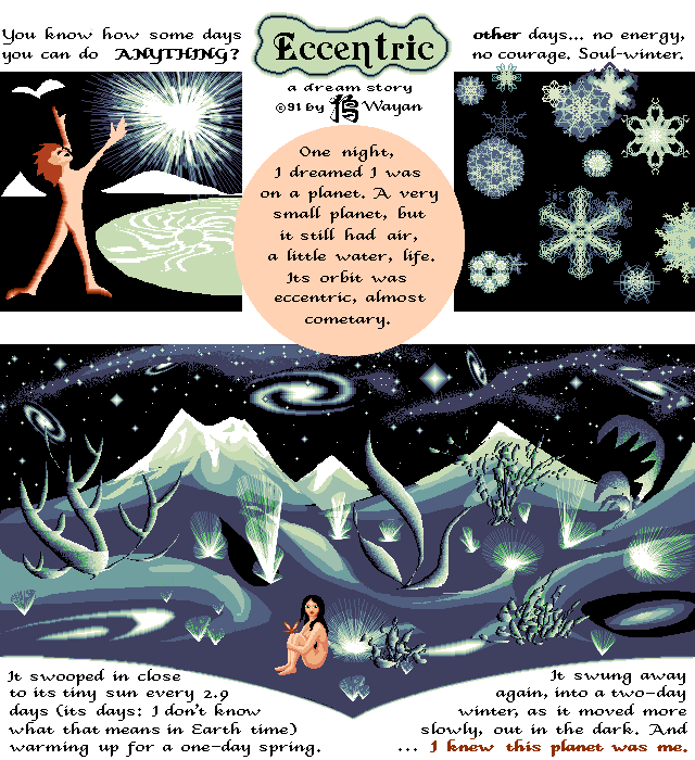 You know how some days you can do anything? And others, no energy, no courage. Soul-winter. One night I dreamed I was on a sparse but living little world with an eccentric 2.9 day orbit around its small sun. One day of summer, nearly two of winter. And I knew this planet was me.