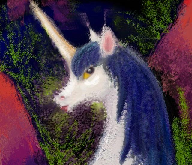 Head of a unicorn in a shadowy desert canyon. Dream sketch by Wayan.