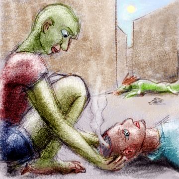 I kneel by a man with a head wound exposing a glowing ember in his brain. Sketch by Wayan. Click to enlarge.