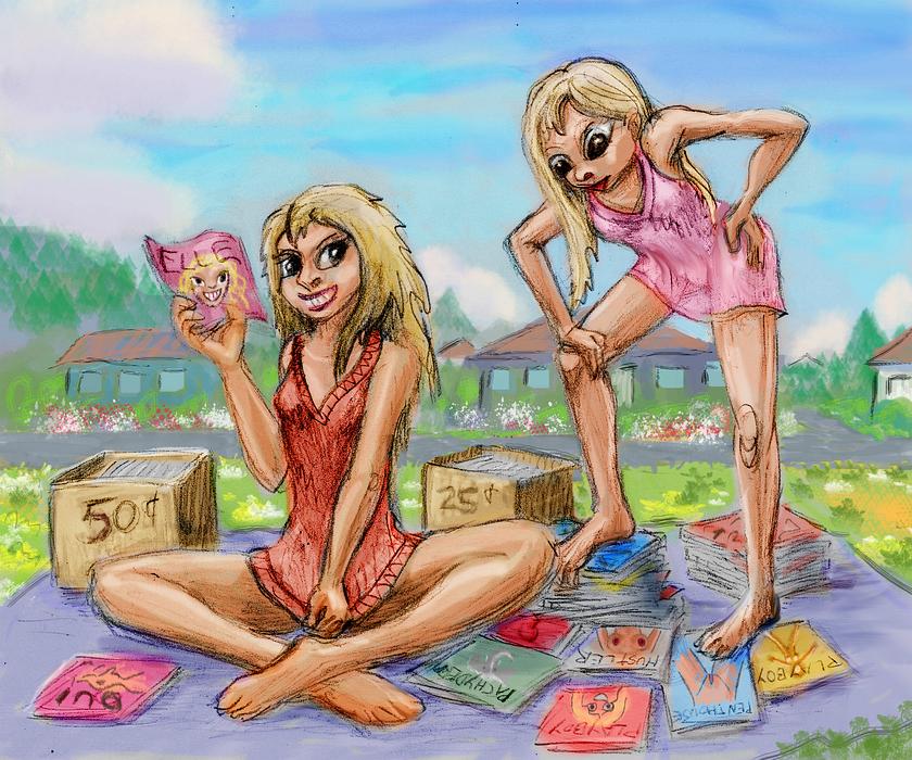 Teenage sisters sell porn mags at a yard sale. Dream sketch by Wayan; poses based on panels of manga 'Don't Toy With Me, Miss Nagatoro!' by Nanashi. Click to enlarge.