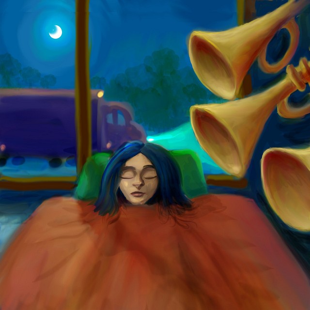 Sleeper dreams of horns, wakes to find truck braking noisily. Dream sketch by Wayan. Click to enlarge.