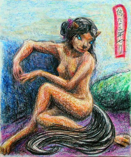 Feline girl with black mare's tail nestles in pillows. Sketch by Wayan