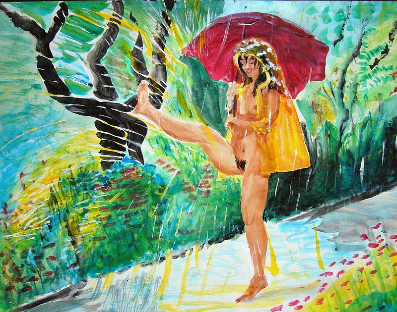 Lorraine Michaels splashing in a park in rain. Acrylic watercolor by Chris Wayan. Click to enlarge.