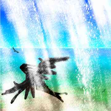 Figure in strap-on wings flies through a waterfall high above a turquoise tropical sea.