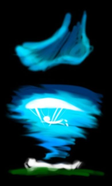 glowing blue foot, and a man lying on grass watching hang gliders
