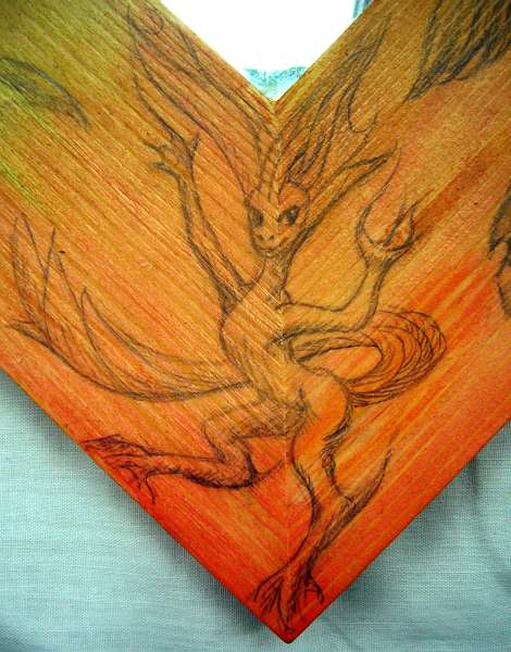 Dragon or salamander: recurring dream figure drawn/incised on wood by Chris Wayan, 2010