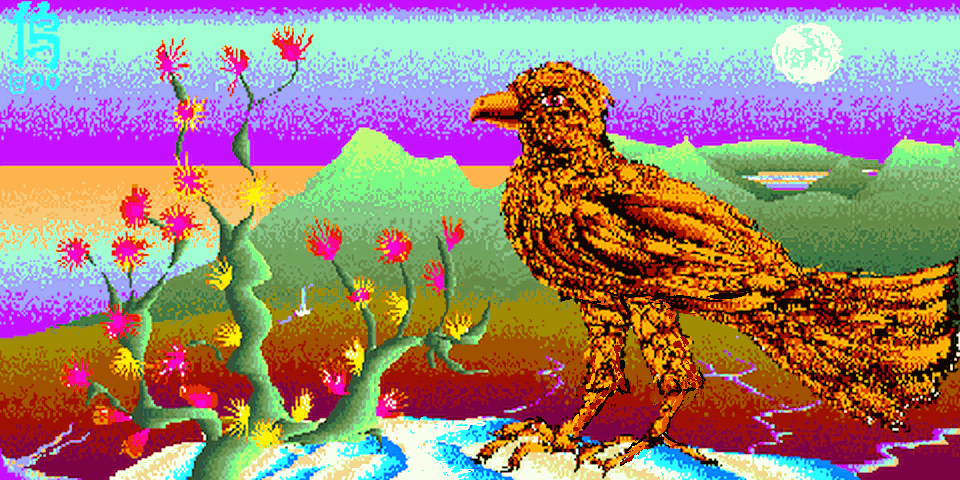 Hawk on snowy surreal ridge above sea; flowering trees, lurid colors. Digital painting 'Hawk Ridge' by Wayan.