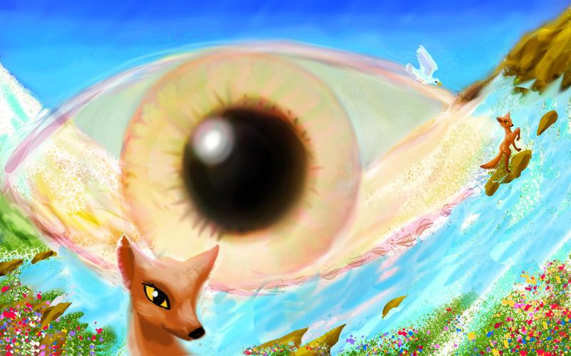 Animal tracks--a fox in snow & a bird in flight--form the eye of God watching over me. Dream sketch by Wayan. Click to enlarge.