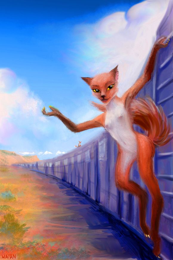 Vixen riding the rails in desert. Digital dream painting by Wayan. Click to enlarge.