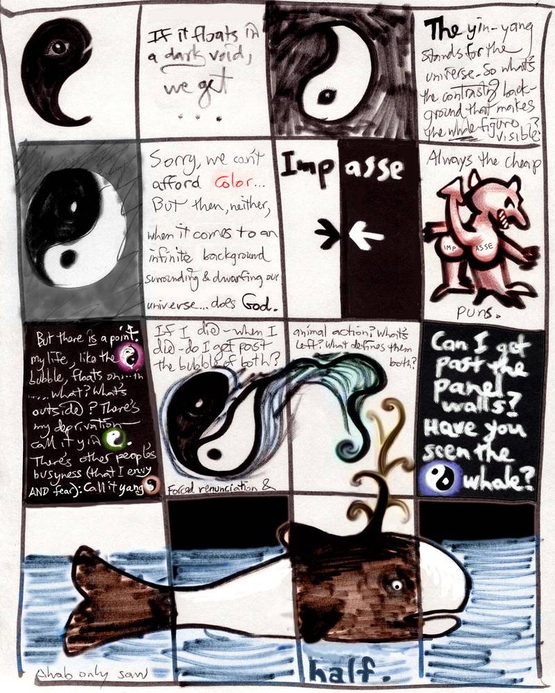 Experimental comic by Wayan: 100 boxes I must ink in--sparse color, no erasure, no splash panels... no plan. Pure improv.