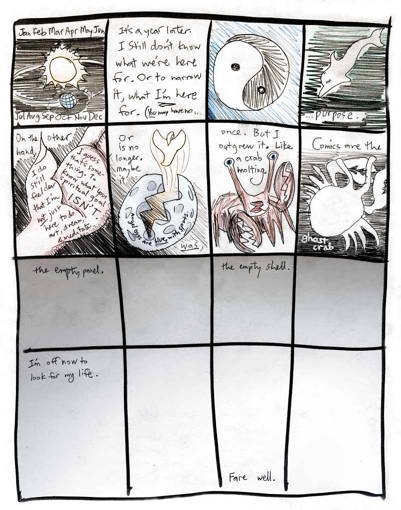 Experimental comic by Wayan: 100 boxes I must ink in--sparse color, no erasure, no splash panels... no plan. Pure improv.