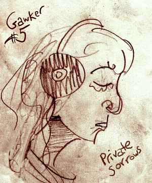 Sketch of head in profile, wearing large earphones, looking sad; seen in City Art Gallery, 828 Valencia St., San Francisco.