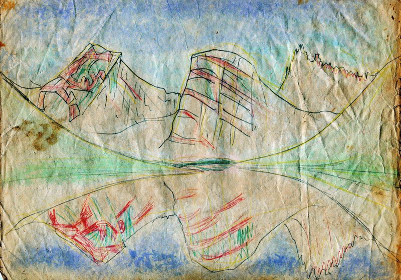 Peaks above Rae Lakes after thundershower, 1974. Sketch by Wayan.