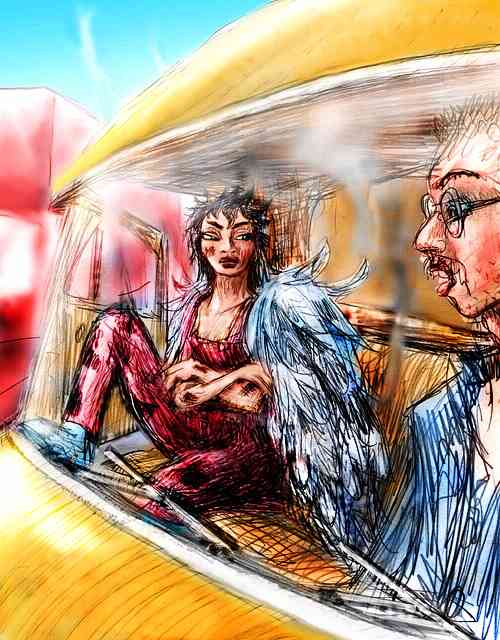 Dream: A scorched angel glares at a trucker who looks guilty. Dream sketch by Wayan. Click to enlarge.