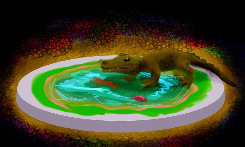 An alligator sprawled on a big steel disk painted to look like a pond with koi. Dream sketch by Wayan. Click to enlarge.