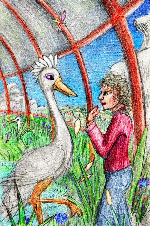 I talk with a heron in a marsh atop a tower. Dream sketch by Wayan. Click to enlarge.