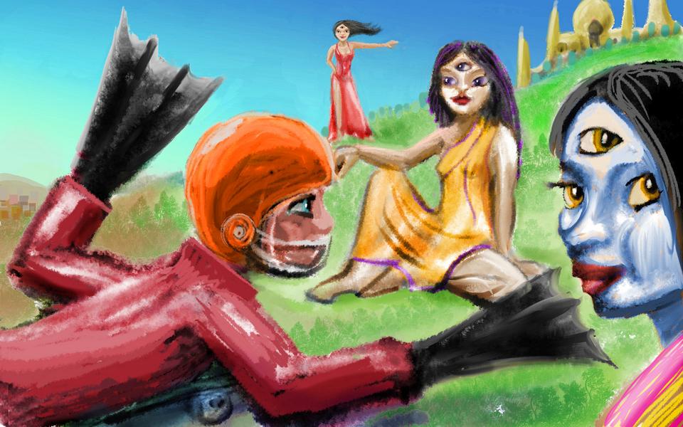 Flipper-boy enters realm of the Hindu Gods. Dream sketch by Wayan. Click to enlarge.